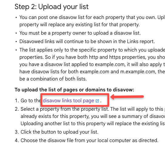 Remove toxic backlinks: Click the 'Disavow links tool page', as shown in the image.