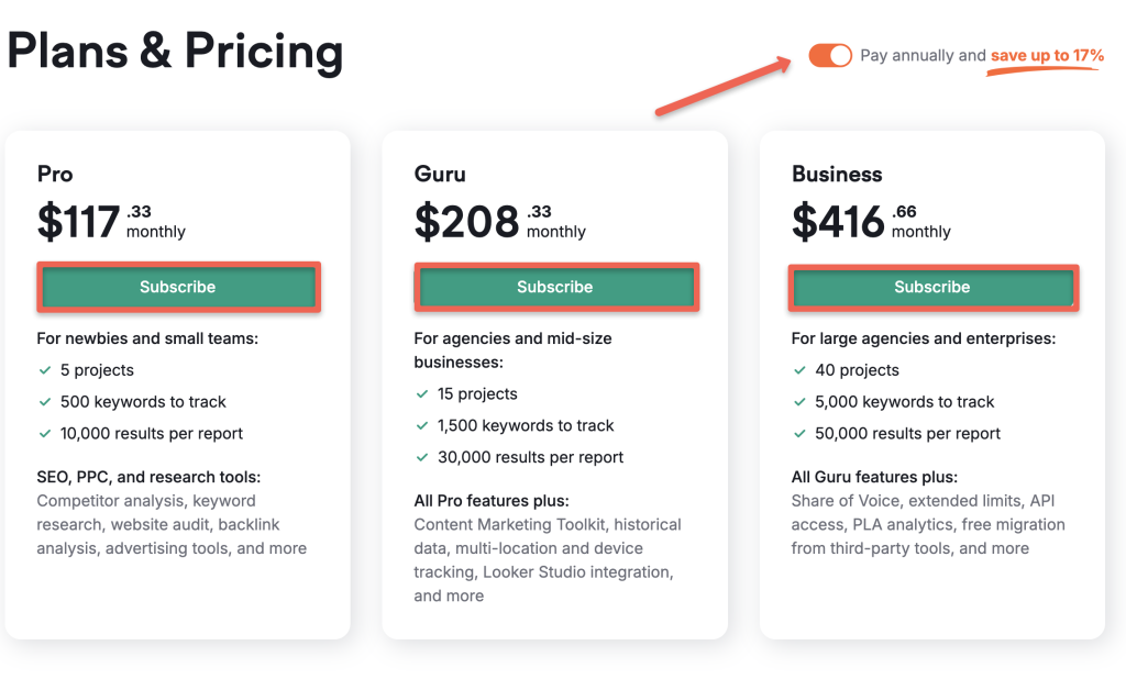 Semrush coupon: After experiencing a free trial, you can claim the semrush Pro or Guru plan with a 17% discount by paying annually.
