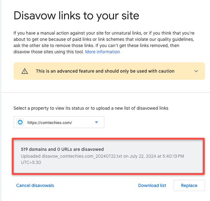 Remove toxic backlinks: the toxic backlinks are successfully uploaded in the Disavow tool