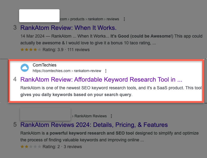SEO tips that helped our blog rank in the top 5 SERPs. For example: 'Rankatom Review'
