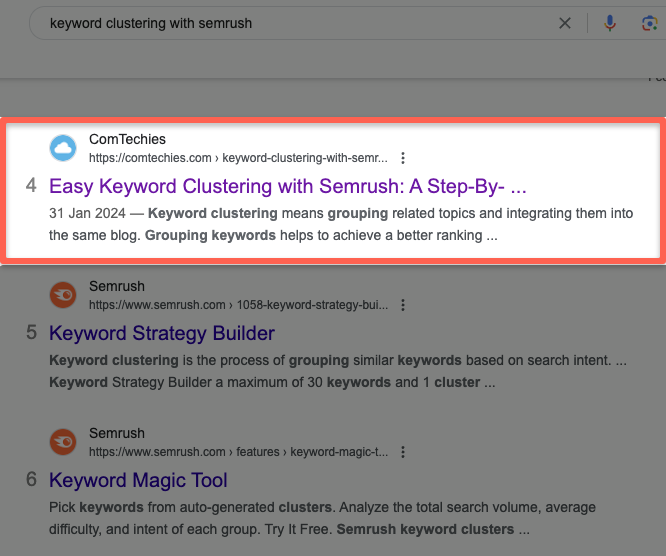 SEO tips that helped our blog rank in the top 5 SERPs. For example, 'Keyword clustering with Semrush.'