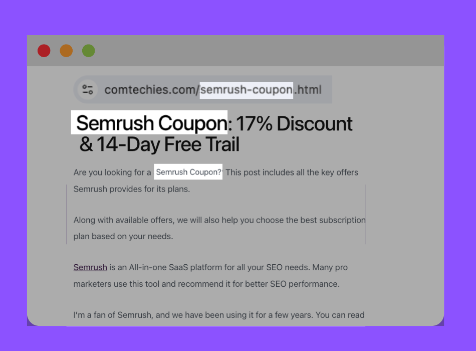 SEO tips: this is the example that I insert primary keyword in website URL, title tags and first 100 words.