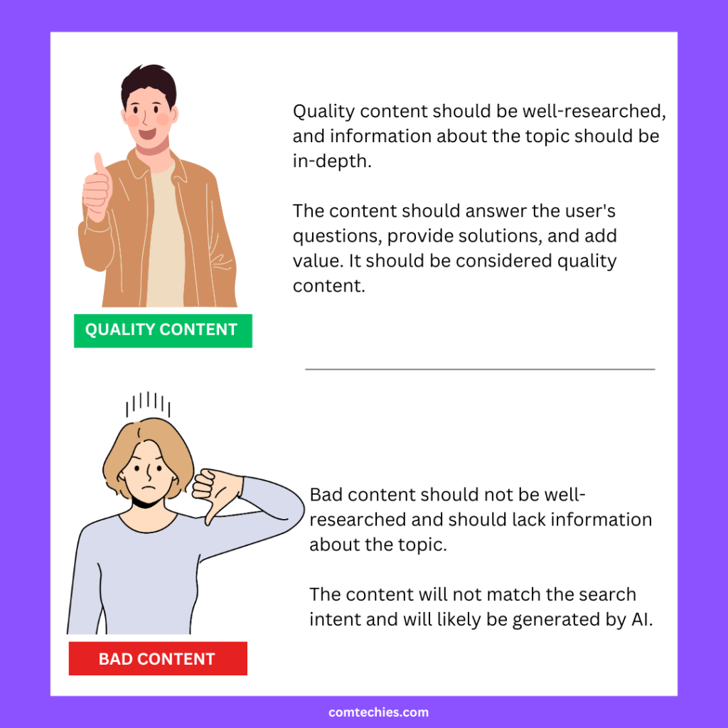 What do you mean by quality content?  Quality content should be well-researched, and information about the topic should be in-depth.  The content should answer the user's questions, provide solutions, and add value. It should be considered quality content.  Don't just write for your sake; write for the audience, write uniquely, and help them; then, you can see much more difference