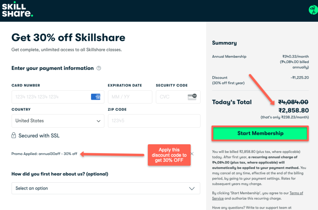 Skillshare discount code to reduce the cost of subscription