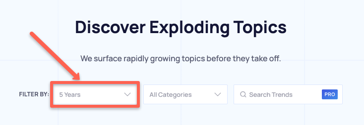 Exploding topics: The time frame helps you to find the trend, from 15 years to the current trend.