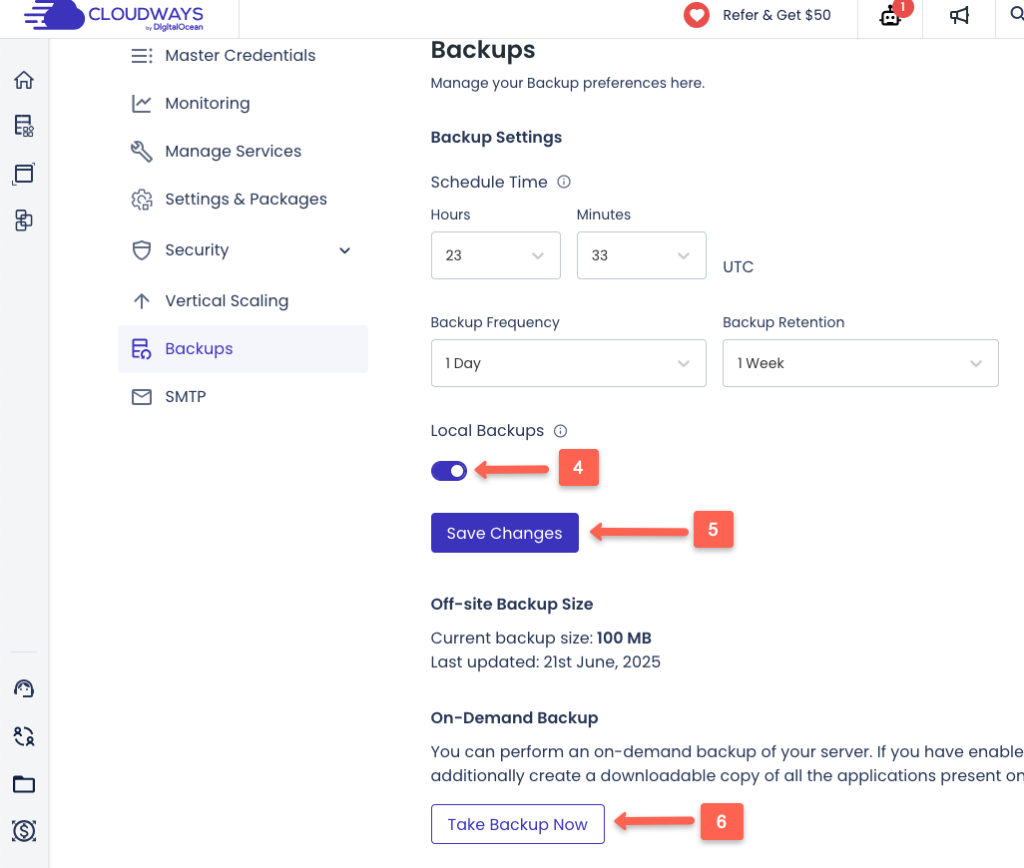 now turn on local backups toggle, and click on save changes