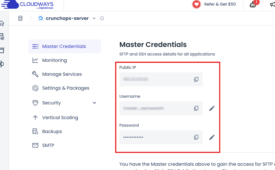Here the user get the master credetials of the user, which will get them from their Cloudways 