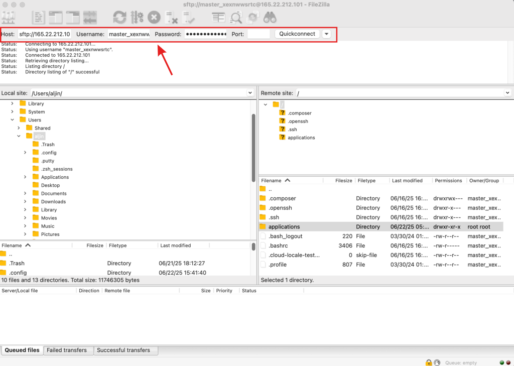 user have to enter, IP address, username, password, and port: 22 in the client and click quickconnect to connect to the server and local machine