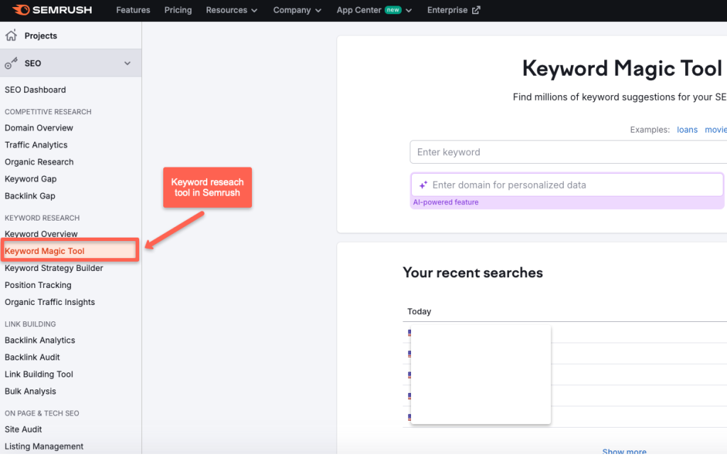 Semrush keyword research tool, to search keywords for teachable course