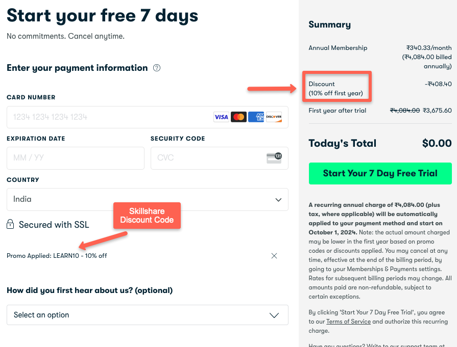Skillshare is offering a 10% discount on its annual membership. Start with a 7-day free trial, and after the trial, you can apply this account to get this offer.