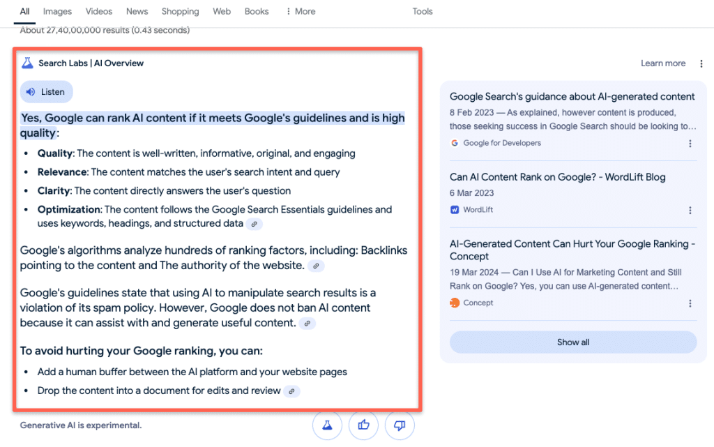 Example - Google AI overview shows the answer according to the users search query