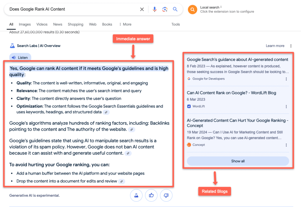 Google AI overview answer for my search query