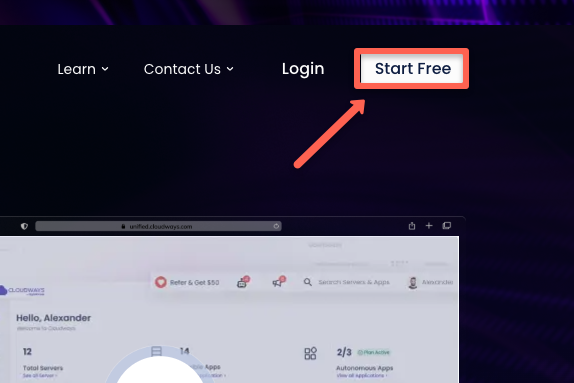 click the 'start free button' to get the cloudways free account