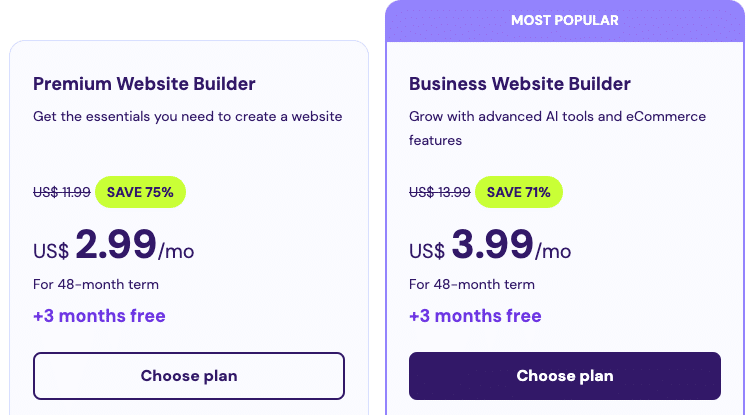 Pricing plans for hostinger website Builder
