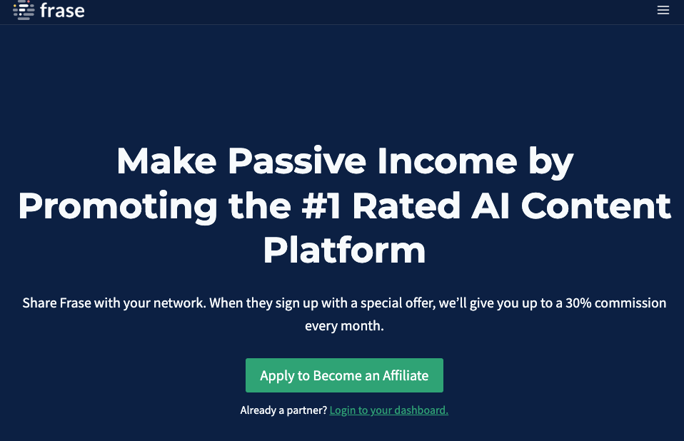 Affiliate programs: Frase affiliate program signup page
