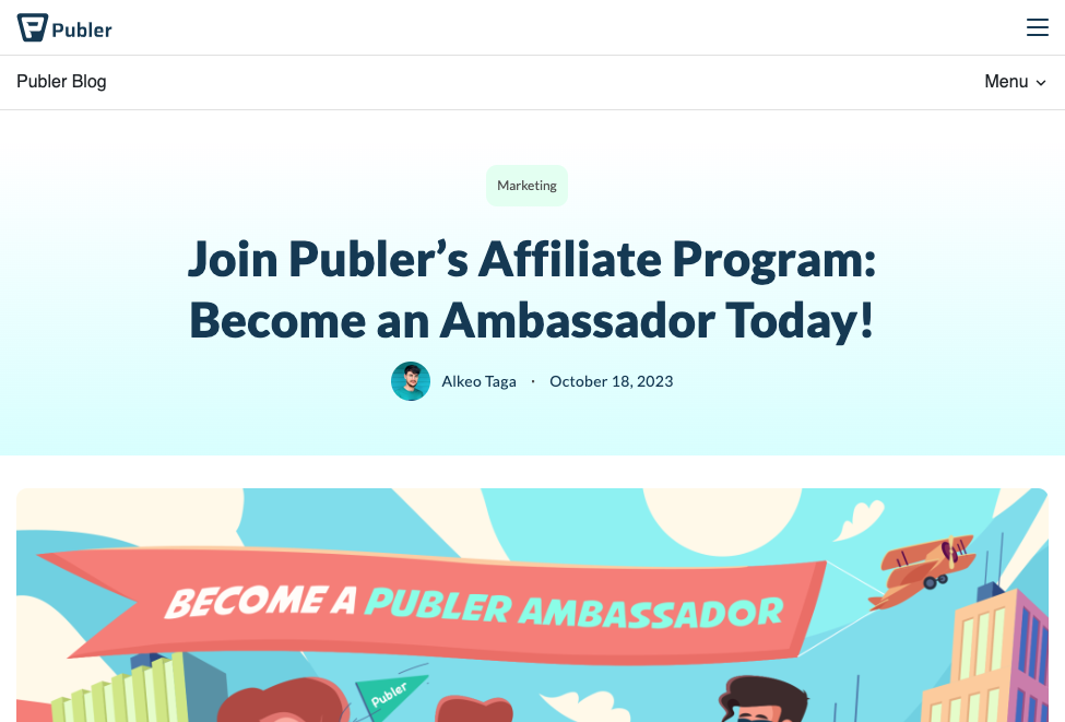 Affiliate programs: Publer affiliate program signup page