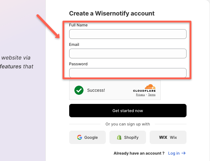 Enter your name, email and password