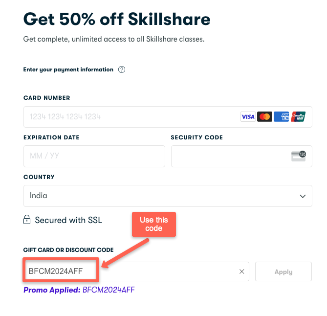 Enter the card details and use the code (BFCM2024AFF)