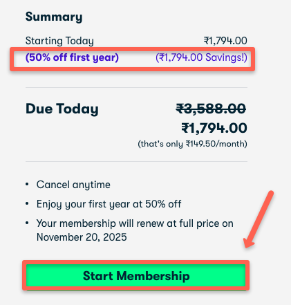 Now, click the start membership button to claim the skillshare membership with 50% OFF