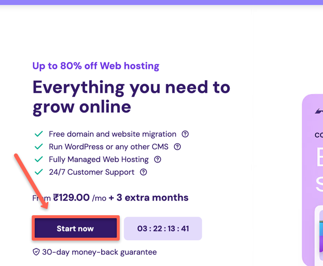 Hostinger discount page. Now click start now to view the discount price and plans