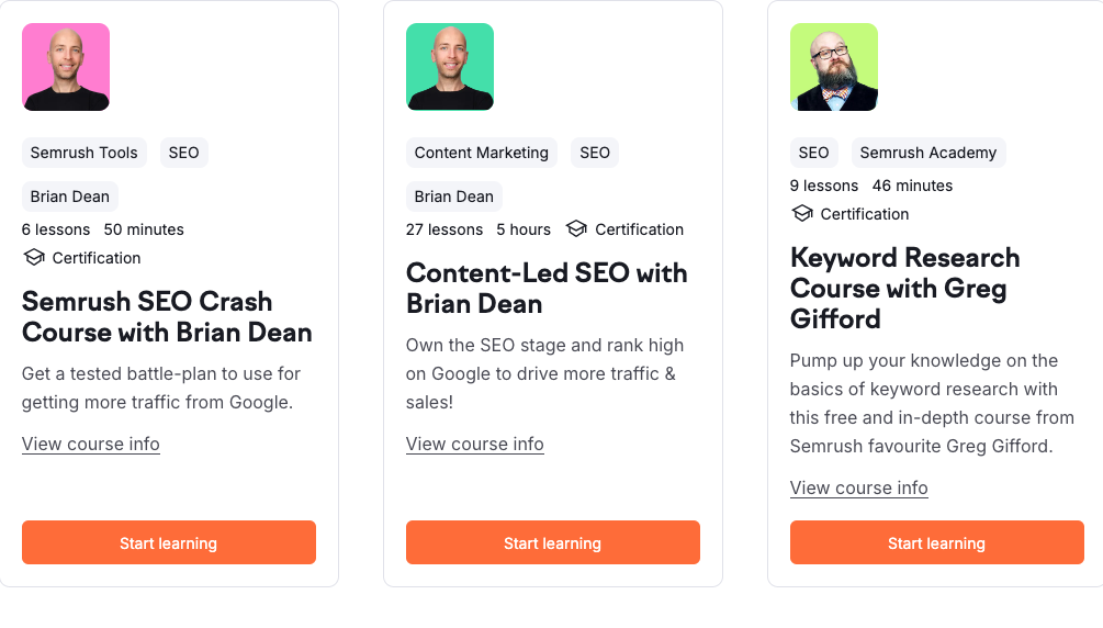 Semrush academy SEO courses: example of the course 