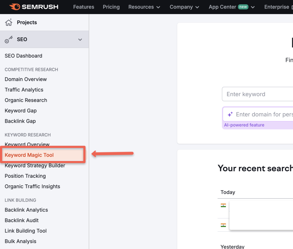 Click on semrush keyword magic tool