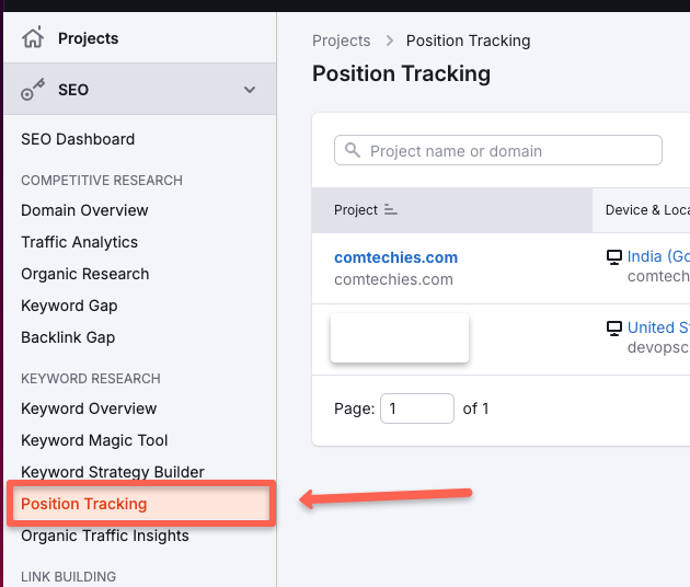 In the Semrush SEO dashboard, you will find Position Tracking; click on it.