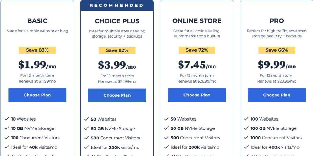 Bluehost pricing and plans for its web hosting