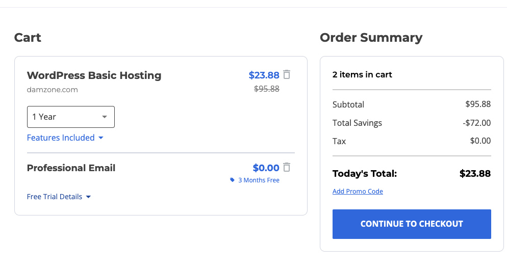 Bluehost coupon code: Select the year and enter your coupon code in the Add Promo Code section