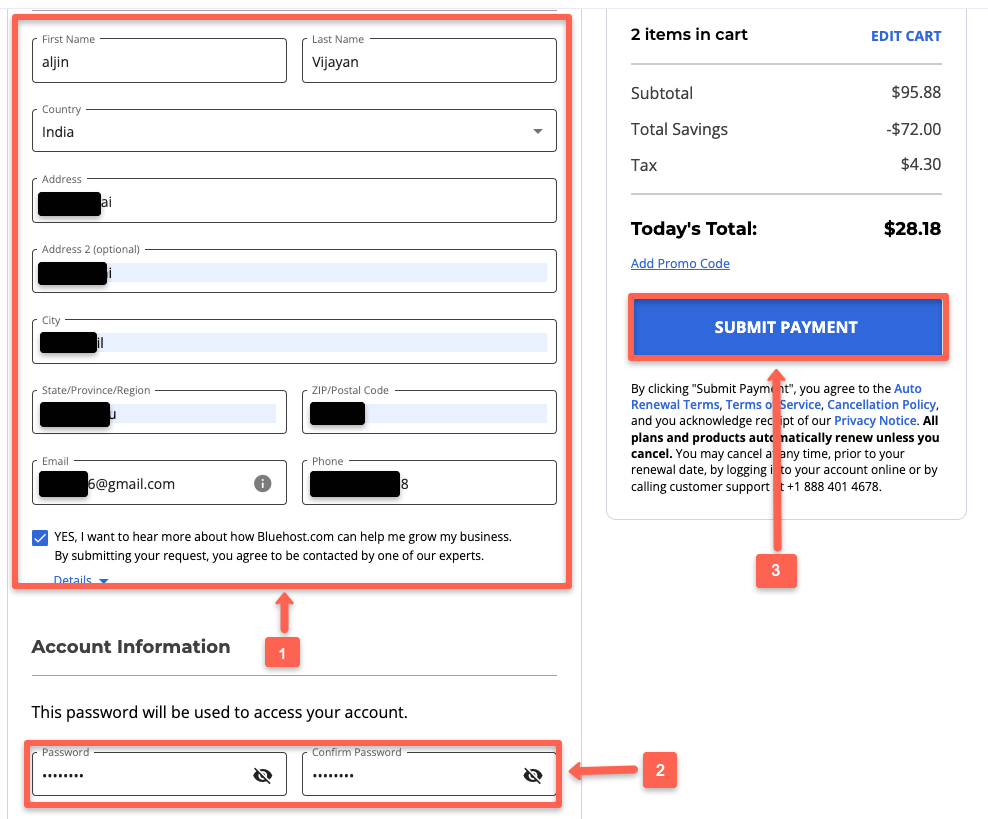 Bluehost coupon code: Fill in contact information, create the password, and click 'Submit Payment.