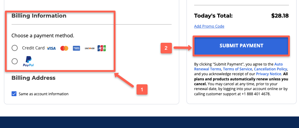 Bluehost coupon code: Choose a payment method, 'credit card' or 'Paypal account.'