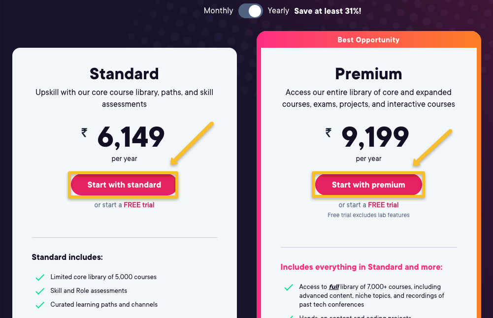 Select the plan based on the user need(standard or premium)