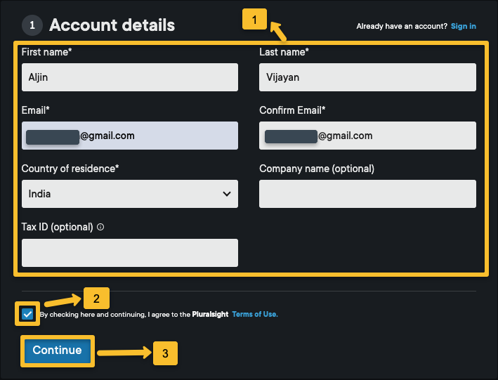 Enter the users account details, tick on(By checking here and continuing), and click 'Continue' button