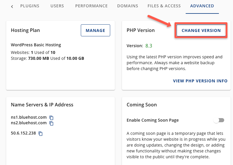 Click on the Change version option to check the PHP version