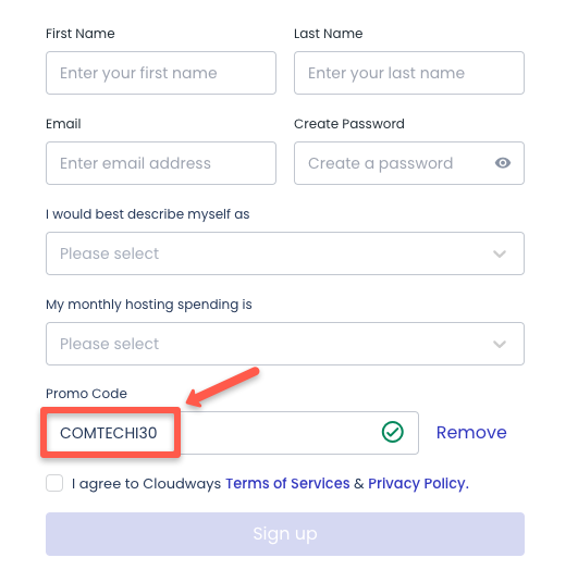 20% discount on all cloudways plans, user have to use code COMTECHI30 on the checkout box to get the discount