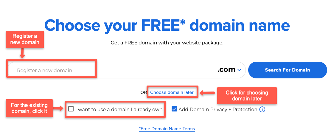 Enter the purchased domain, register new domain with Bluehost or click on choose domain later