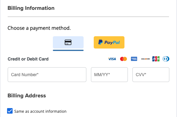 Enter the credit card details or use PayPal account