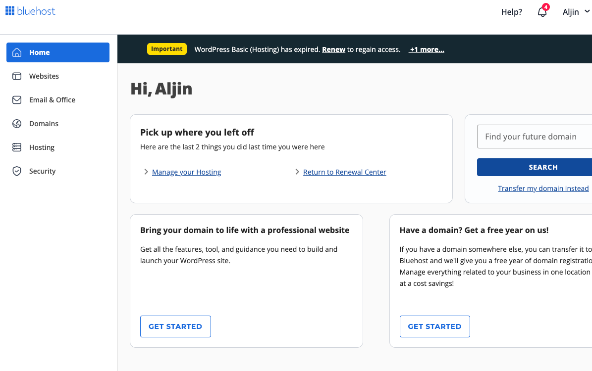 Home page of users bluehost hosting
