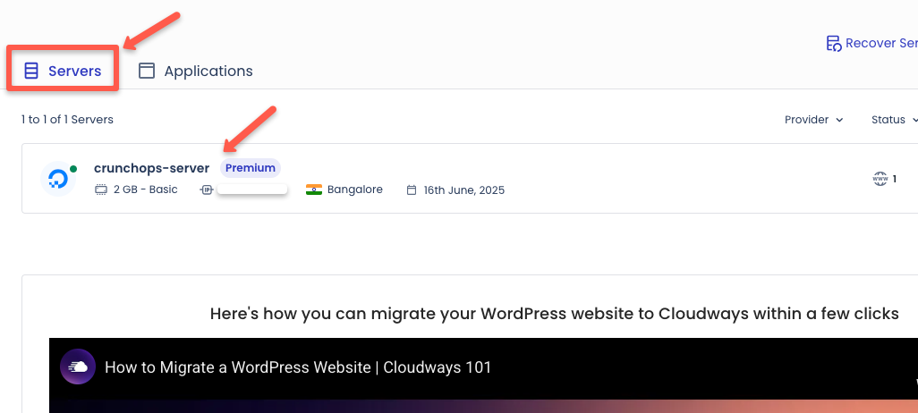 got to the server section and choose the server