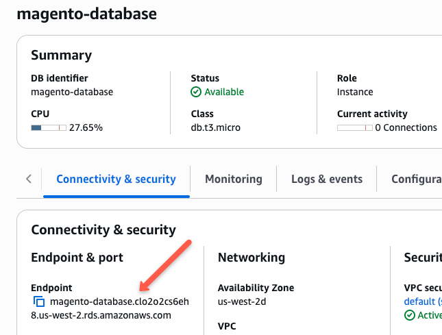 getting endpoint of AWS RDS MySQL database