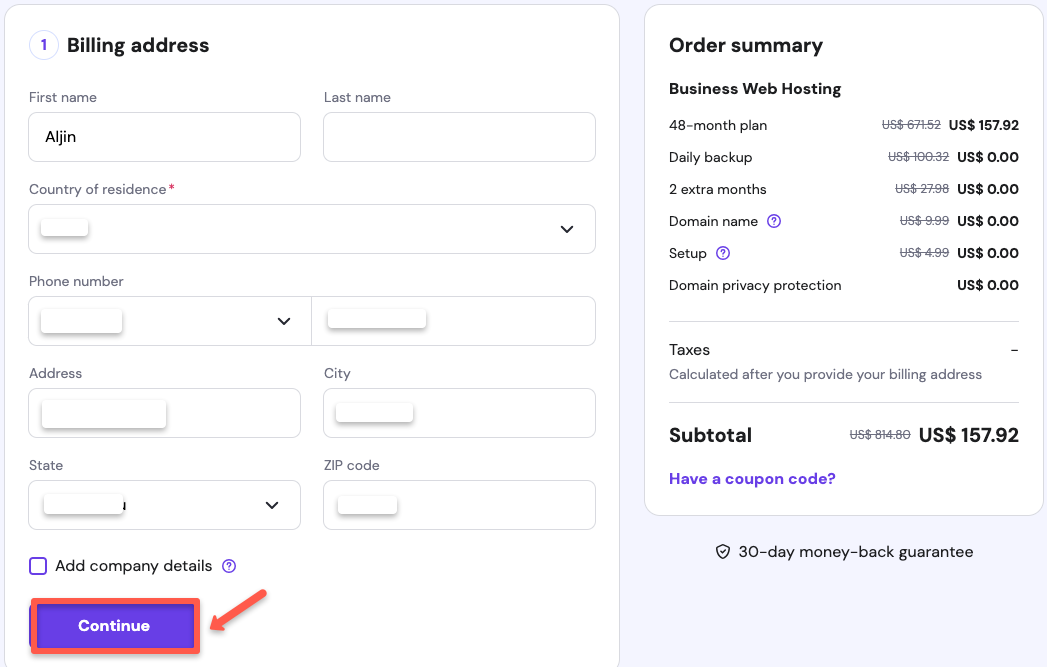 we want to enter your billing address and click on continue