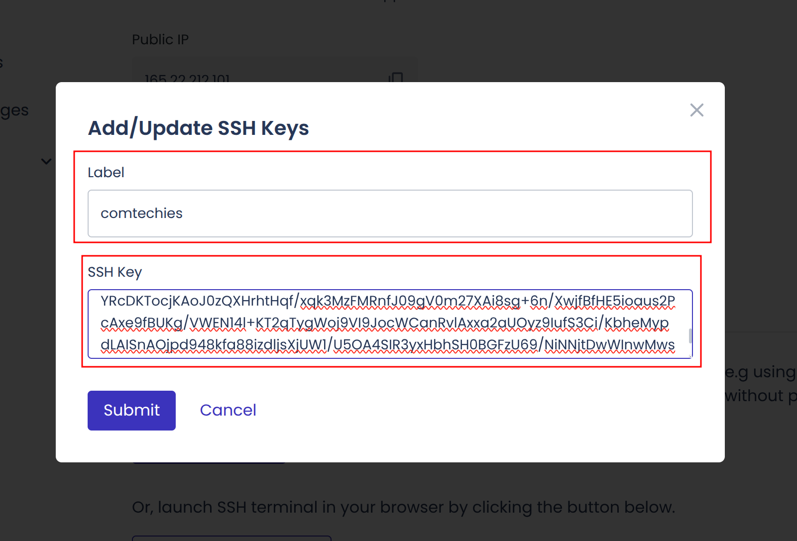 provide a name and paste the public key content from the file id_rsa.pub