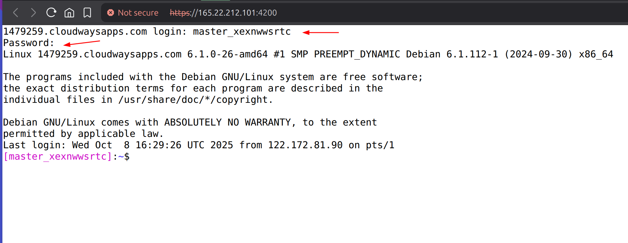 enter the username and password to connect to the cloudways server