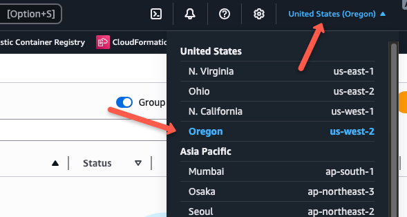 selecting the region in AWS