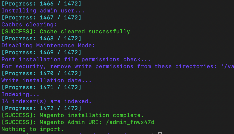 output showing successful magento configuration