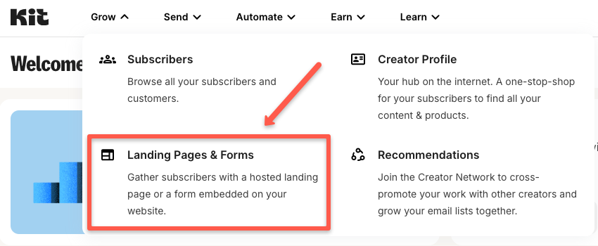 Click on the landing pages and forms option from the Grow section.