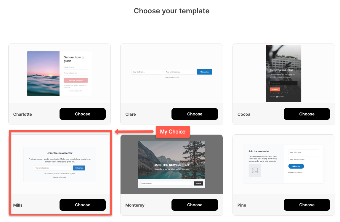 choose the template for the sign up page
