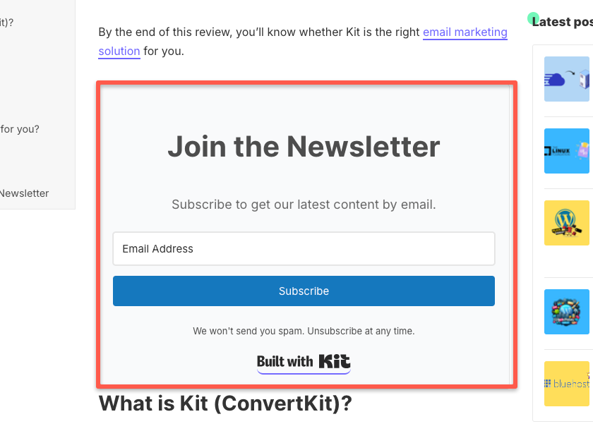 Inline format of kit newsletter sign-up form