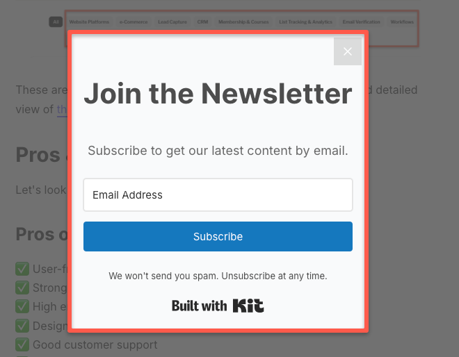 Modal format of kit newsletter sign-up form