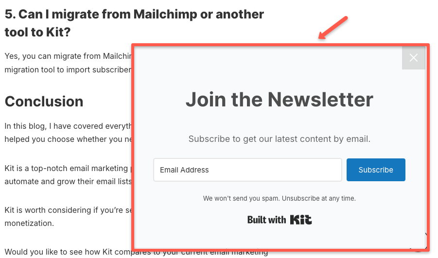 Slide in format of kit newsletter sign-up form